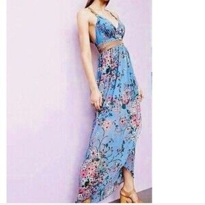 Wayf Floral Print Flyaway Maxi Dress Suede Straps